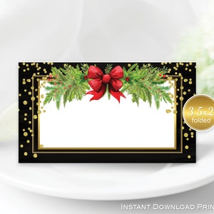 Table Place Cards for Names | Christmas | 3.5x2 Tent | Black White Stripes | Red Bow | Holly | Gold Confetti | INSTANT Digital DOWNLOAD