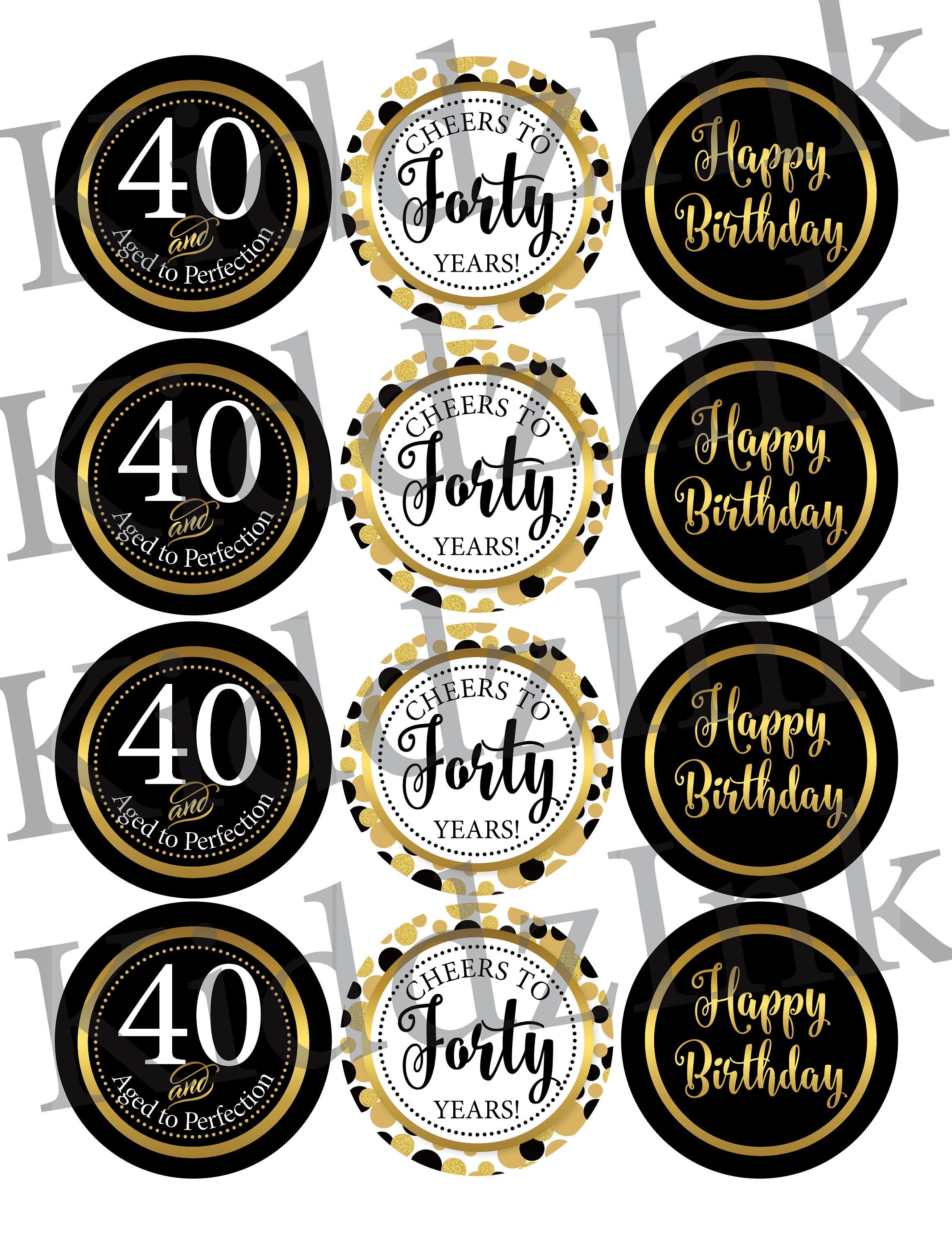 Printable Happy Birthday Cupcake Toppers Black and Gold - Digital Art Star