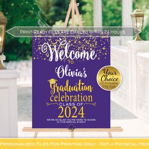 Graduation Celebration Party Personalized Welcome Sign Printable | Purple Yellow with Gold | Class of 2024 | DIGITAL PRINTABLE FILES