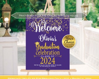 Graduation Celebration Party Personalized Welcome Sign Printable | Purple Yellow with Gold | Class of 2024 | DIGITAL PRINTABLE FILES