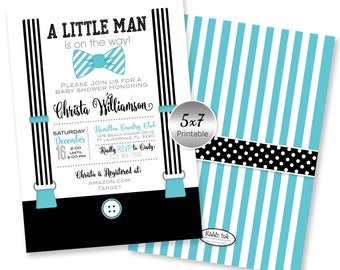 A Little Man Baby Shower Invitation | Bow Tie & Suspenders | 5x7 | Robin Egg Gray and Black | Personalized | DIGITAL PRINTABLE File