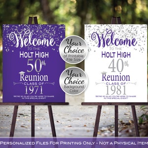 Class Reunion Personalized Welcome Sign Printable File | Silver Confetti on Purple or White | Any Class Any Year | DIGITAL PRINTABLE FILES