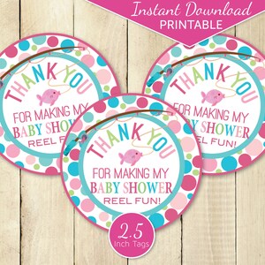 Party Favor Tags | Fishing Theme Girl's Baby Shower | Fishing Rod | 2.5 Inches Round | Pink Aqua Green | Digital Printable INSTANT DOWNLOAD