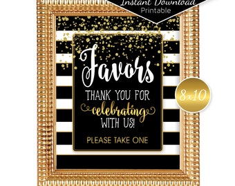 Party Favors 8x10 Sign Printable | Birthday | Wedding | Black White Stripes Gold Confetti | Anniversary | Digital INSTANT DOWNLOAD