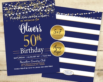 May include: A printable 5x7 inch invitation for a 50th birthday party. The invitation is navy blue with gold lettering and white string lights. The text reads "Please join us for a party in honor of Oliver's 50th Birthday - Saturday, August 16th, 7:00 PM, Hamilton Country Club, 1476 Beach Manor Drive, Ft. Lauderdale, FL 33310. Kindly RSVP by 8-10 to Jenni: 123-456-7890."