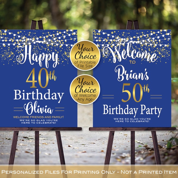 Birthday Welcome Sign Printable | Royal | Garland Lights | Gold Confetti | 40th 50th 60th | Any Age | Personalized | DIGITAL PRINTABLE FILES