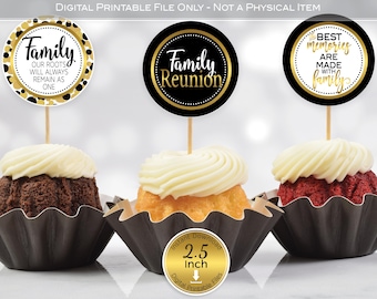Family Reunion Cupcake Toppers: Black & Faux Gold Foil (Digital Download)