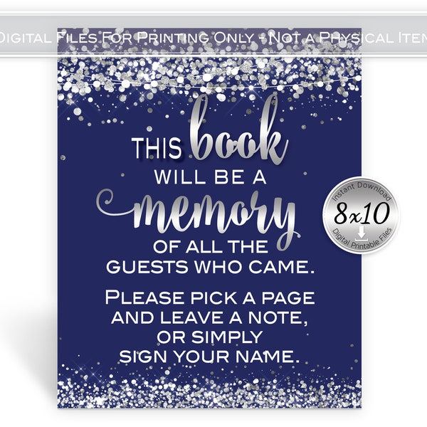 This Book Will Be a Memory 8x10 Table Sign | Guestbook | Garland Lights | Silver Confetti on Navy | Birthday | DIGITAL INSTANT DOWNLOAD