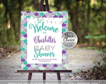 Mermaid Baby Shower Welcome Sign Printable | Mermaid Scales | Purple Lavender Mint Teal Silver | Personalized | PRINTABLE DIGITAL File