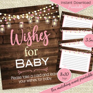 Wishes for Baby | Baby Shower | 8x10 Table Sign and 3.5x5 Message Card | Lanterns on Faux Wood | Pink | DIGITAL INSTANT DOWNLOAD