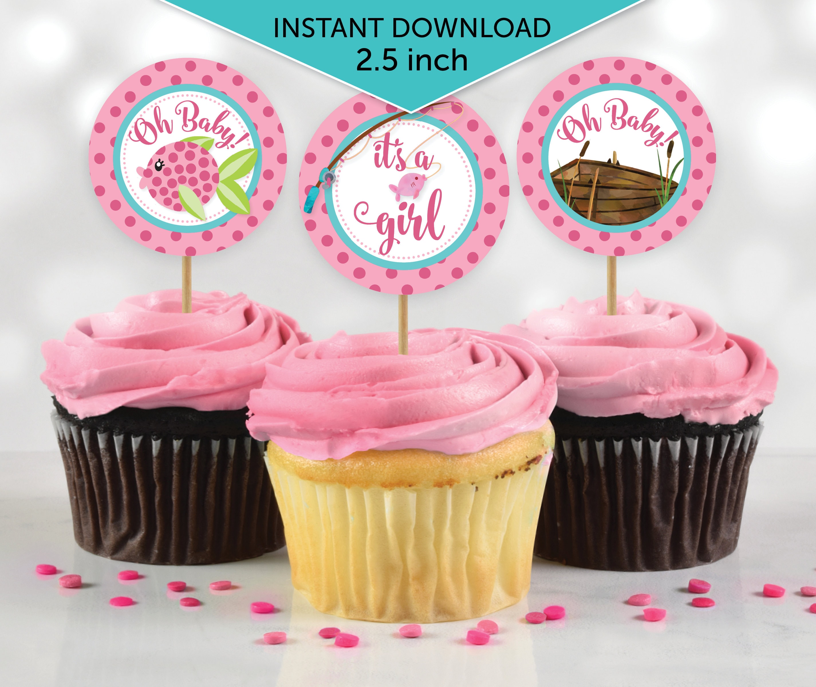Fishing Theme Baby Shower Cupcake Toppers 2.5 Inches Pink Aqua Girl Catch  of the Day Digital Printable INSTANT DOWNLOAD 