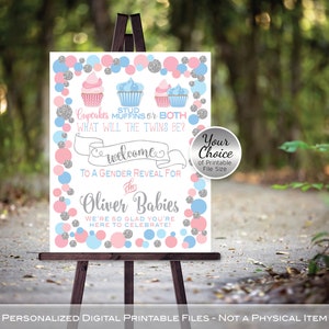 Twins Gender Reveal Cupcakes Stud Muffins or Both Welcome Sign Printable | Personalized | Pink Blue Silver | White | PRINTABLE DIGITAL Files