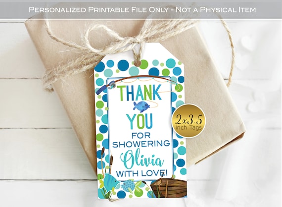 Thank You Favor Tags for Fishing Theme Baby Shower or Sprinkle |  Personalized | 2x3.5 | Aqua Navy | Fish | DIGITAL PRINTABLE FILES