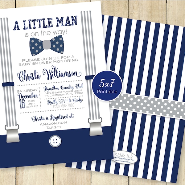 A Little Man Baby Shower 5x7 Invitation | Navy White Stripes | Gray | Polka Dot Bow Tie | Suspenders | Personalized | DIGITAL PRINTABLE File