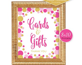 Cards & Gifts 8x10 Table Sign Printable | Bright Magenta Pink | Faux Glitter Gold | Birthday | Baby Shower | Digital INSTANT DOWNLOAD