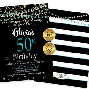 Birthday Invitation | 40th 50th 60th 70th or Any Age | Personalized | Gold Confetti and Turquoise on Black | 5x7 | DIGITAL PRINTABLE FILES