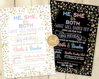 Twins Twinkle Gender Reveal Personalized Invitation | He She or Both? | Daylight or Midnight Stars | Pink Blue Gold | PRINTABLE DIGITAL File