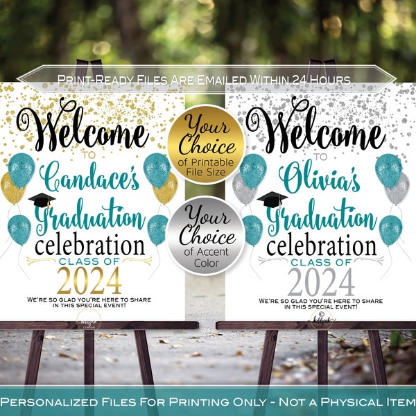 Graduation Celebration Party Personalized Welcome Sign Printable | Teal and Black | Gold or Silver | Class of 2024 | DIGITAL PRINTABLE FILES