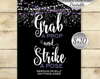 Grab a Prop | Strike a Pose Table Sign | 8x10 Printable | Purple and Silver | Silver Confetti Garland | Birthday | Digital INSTANT DOWNLOAD