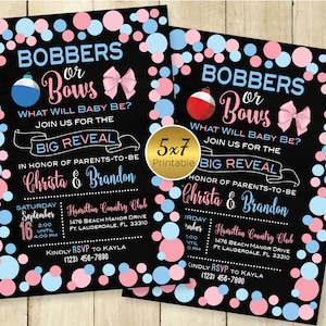 Bobbers or Bows Gender Reveal 5x7 Printable Invitation | Pink and Blue on Black | Fishing Bobber | Personalized | PRINTABLE DIGITAL File
