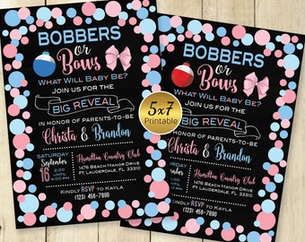 Bobbers or Bows Gender Reveal 5x7 Printable Invitation Pink and