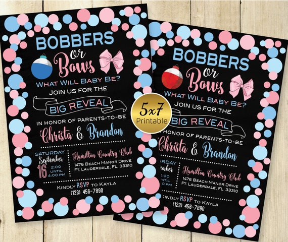 Bobbers or Bows Gender Reveal 5x7 Printable Invitation Pink and Blue on  Black Fishing Bobber Personalized PRINTABLE DIGITAL File 