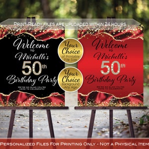 Birthday Welcome Sign Printables | Red and Gold Agate  | Gold Confetti | 40th 50th 60th Any Age | Personalized | DIGITAL PRINTABLE FILES