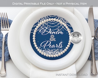 Denim and Pearls Plate Charger Insert Print-Ready Files | 8-Inch Round | Silver Confetti | Birthday | Bridal | Digital INSTANT DOWNLOAD