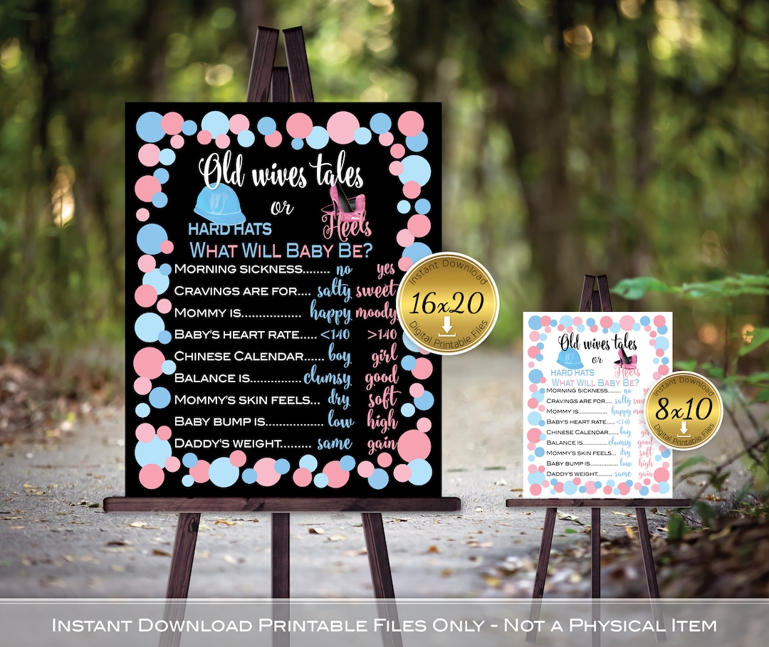 Old Wives' Tales Gender Reveal Printable | Hard Hats or Heels | Baby ...