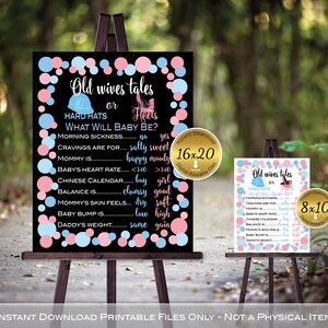 Old Wives&#39; Tales Gender Reveal Printable | Hard Hats or Heels | Baby Shower | Blue and Pink on Black | DIGITAL INSTANT DOWNLOAD