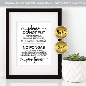 Do Not Put Paper Towels or Hygiene Products in Toilet Printable Bathroom Sign | 8x10 | 5x7 | No Pongas | Spanish | DIGITAL INSTANT DOWNLOAD