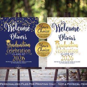 Graduation Celebration Party Personalized Welcome Sign Printable | Navy | Gold Confetti | Class of 2026 | DIGITAL PRINTABLE FILES