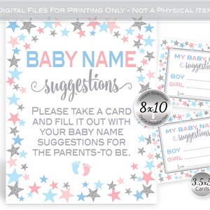 Baby Name Suggestions for Gender Reveal or Baby Shower | Twinkle Pink Blue Silver | 8x10 Sign | 4.5 x 3.5 Cards | DIGITAL INSTANT DOWNLOAD