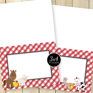 May include: Two printable 3x4 photo frames with a red and white gingham pattern border. The frames feature cartoon farm animals, including a horse, sheep, cow, and duck. The text "3x4 Printable" is in a black circle.