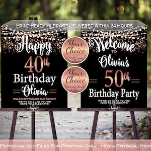 Birthday Welcome Sign Printables | Rose Gold Glitter Confetti | Garland | 40th 50th 60th or Any Age | Personalized - DIGITAL PRINTABLE FILES