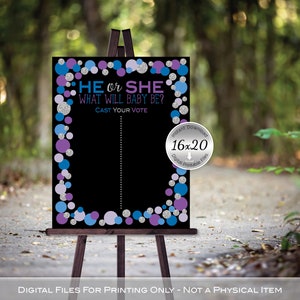 He or She | Cast Your Vote Gender Reveal Printable | Baby Shower | Boy or Girl | Purple Blue Silver Dots on Black | DIGITAL INSTANT DOWNLOAD