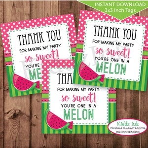 Watermelon Party Favor Thank You Tags for Birthday | One in a Melon | 3x3 Inches | Digital Printable | INSTANT DOWNLOAD