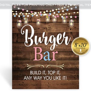 Burger Bar 8x10 Table Sign | Gender Reveal | Baby-Q | BBQ | Garland Lights | Lanterns | Faux Wood | Pink Blue | Printable INSTANT DOWNLOAD