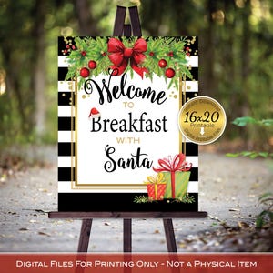 Breakfast with Santa Welcome Sign Printable | 16x20 | Black White Stripes | Red Bow | Gold Confetti | Christmas | INSTANT DIGITAL DOWNLOAD