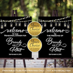 Wedding or Rehearsal Dinner Welcome Sign Printable Files | Black with Garland Lights and Lanterns | Personalized | DIGITAL PRINTABLE FILES