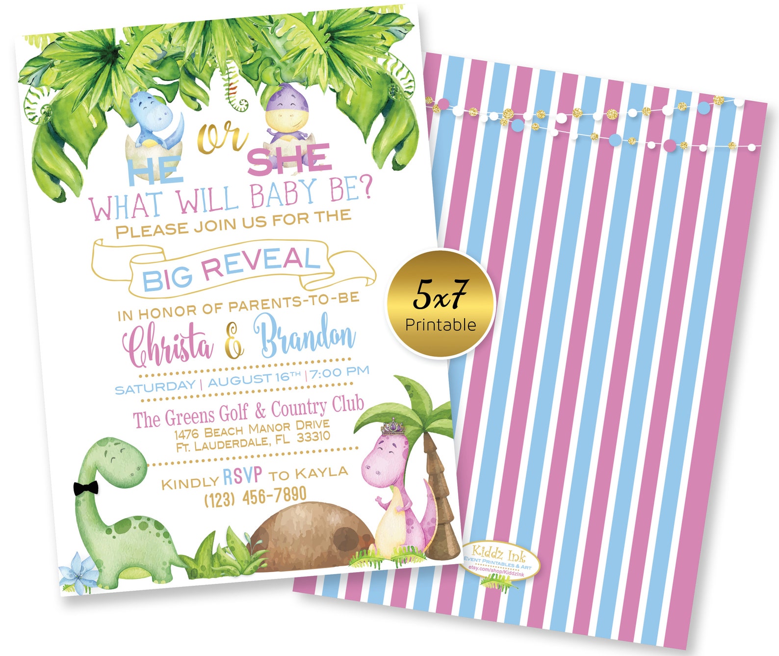 Dinosaur Gender Reveal Printable Invitation 5x7 He or She Etsy UK