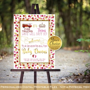 Gender Reveal Fire Trucks or Tiaras Welcome Sign | Printable | Pink Red Gold | Personalized | Valentine&#39;s | PRINTABLE DIGITAL FILES