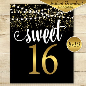 Sweet 16 Birthday 8x10 Printable Sign | 16th Birthday | Sweet Sixteen | Gold Confetti and Garland on Black | Digital INSTANT DOWNLOAD