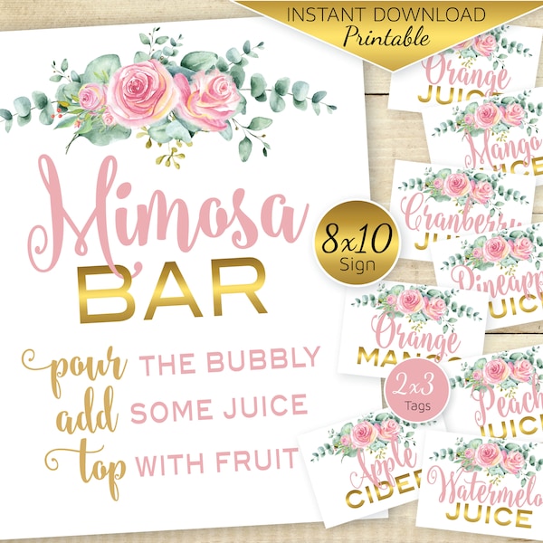 Mimosa Bar 8x10 Table Sign and Flavors Printable | Pink Blush Gold | Eucalyptus Branches | Birthday | Baby Shower | DIGITAL INSTANT DOWNLOAD