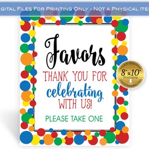 Party Favors 8x10 Table Sign | Primary Colors | Birthday | Blue Green Red Orange Yellow | Digital Printable | INSTANT DIGITAL DOWNLOAD