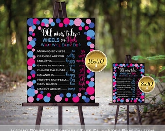 Old Wives Tales Gender Reveal Printable | Baby Shower | Wheels Heels | Royal Blue and Hot Pink | DIGITAL INSTANT DOWNLOAD