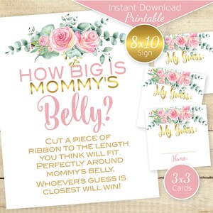 How Big is Mommy's Belly? Baby Shower Game 8x10 Printable Sign and Cards | Pink Blush Flowers with Gold | DIGITAL INSTANT DOWNLOAD