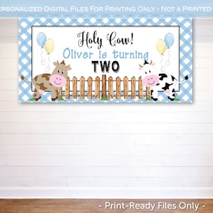Holy Cow Birthday Party Backdrop Banner Printable | 4x2 Feet | Blue Gingham with Cows | Personalized | Any Age |  DIGITAL PRINTABLE PDF File