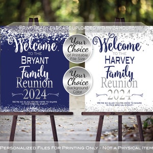 Family Reunion Personalized Welcome Sign Printable File | Silver Confetti on White or Navy Blue | Any Year | DIGITAL PRINTABLE FILES