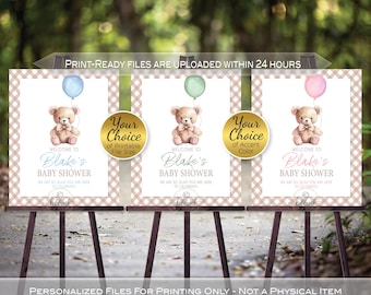 Teddy Bear Baby Shower Personalized Welcome Sign: Neutral Gingham with Green, Blue or Pink (Digital Download)
